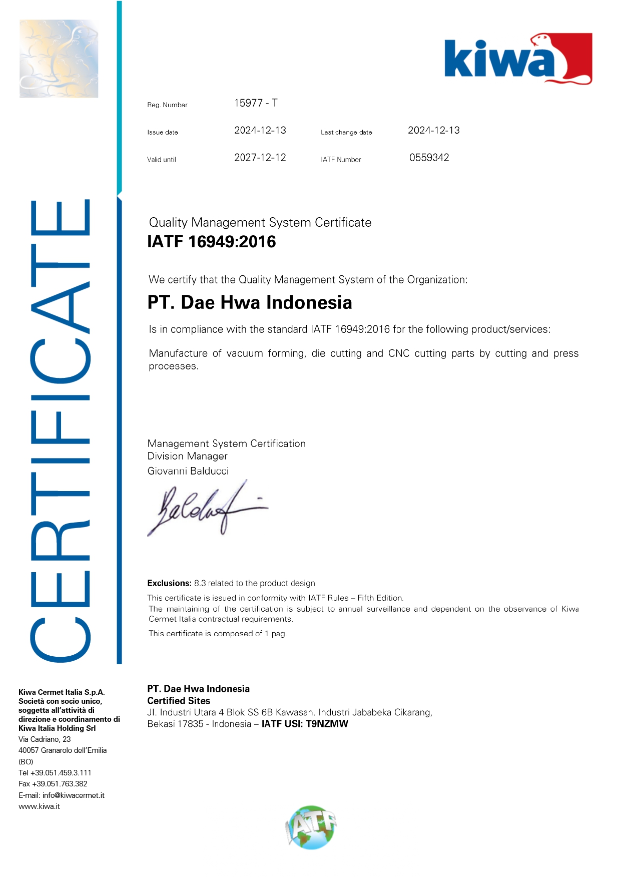 IATF 16949:2016 certificate